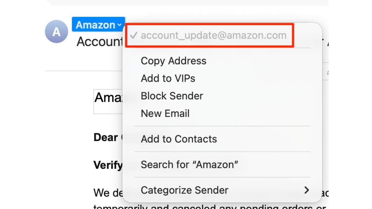 Hovering over the sender name can reveal the actual email address, which is one more detail to check before trusting an account warning.