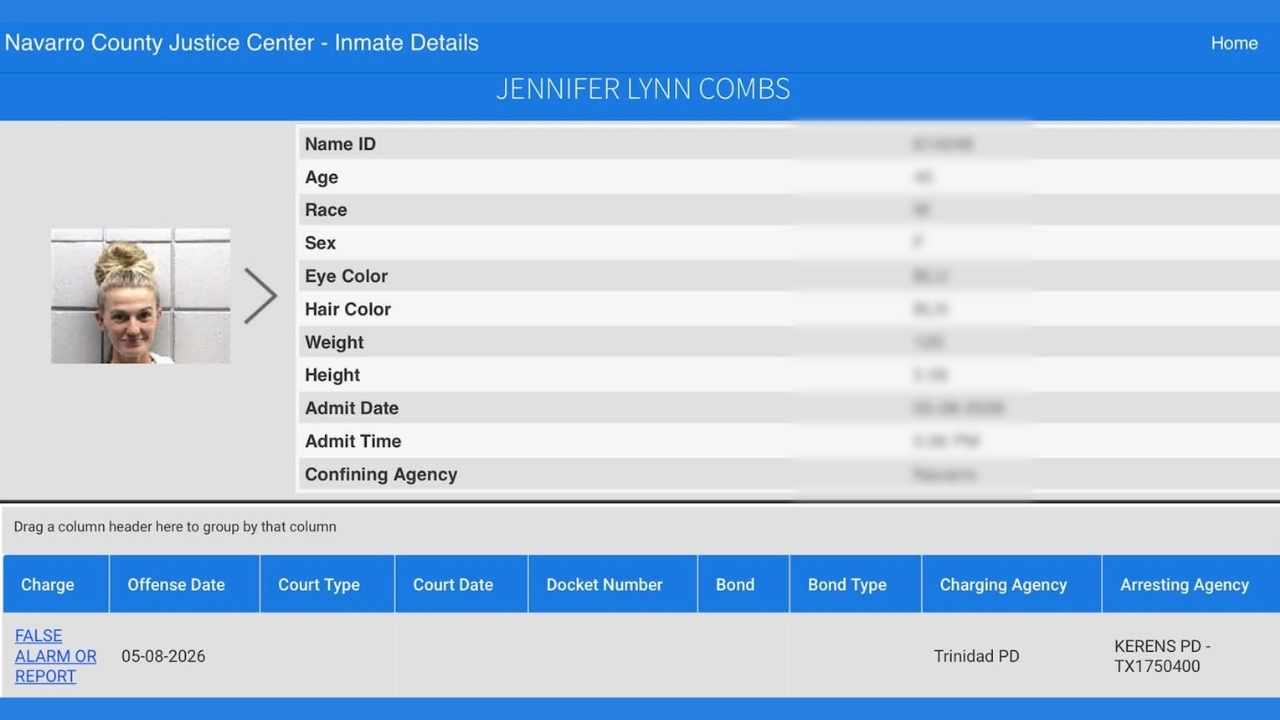 A Navarro County Justice Center inmate record listed Combs under a false alarm or report charge tied to the Trinidad Police Department 