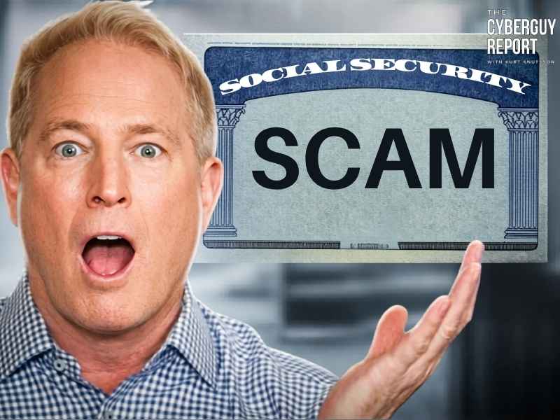 Man shocked next to social security card that says scam
