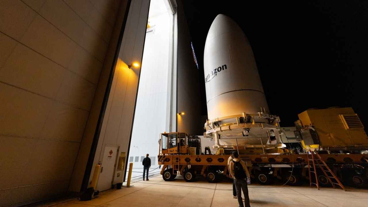 Amazon Leo satellites are prepared for launch as the company builds out its low-Earth-orbit internet network.
