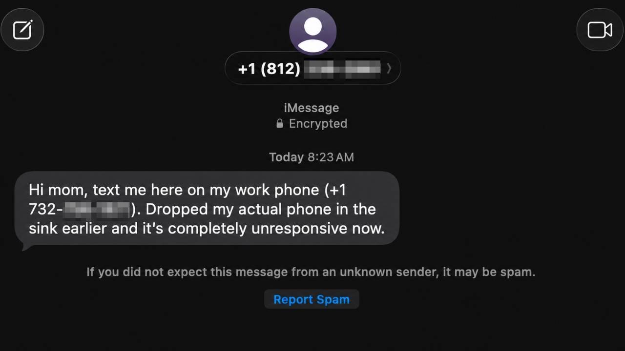A fake “Hi Mom” text can look personal, but the unknown number and request to text another number are major warning signs.