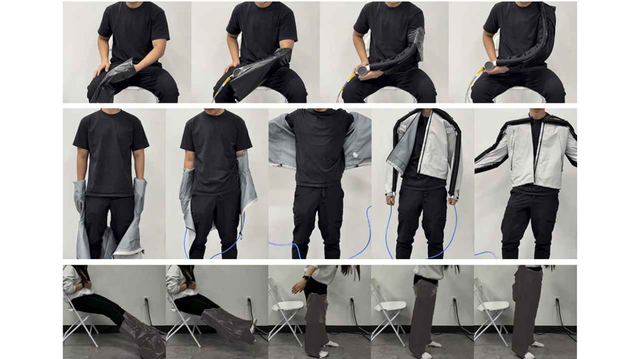 The self-dressing system uses soft, air-powered robots to guide sleeves, a jacket and pants into place around the body.
