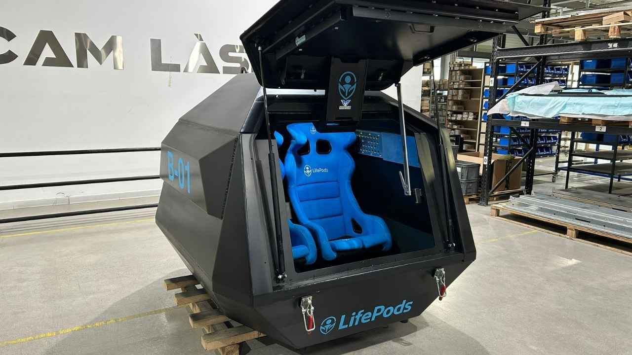 The LifePods B01 opens from the front, giving one or two occupants a compact shelter built for hostile environments and critical infrastructure sites.