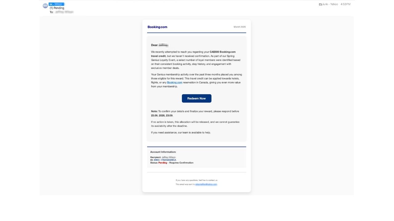 The email uses a real name, loyalty-style wording and a deadline to make the fake reward feel more believable.
