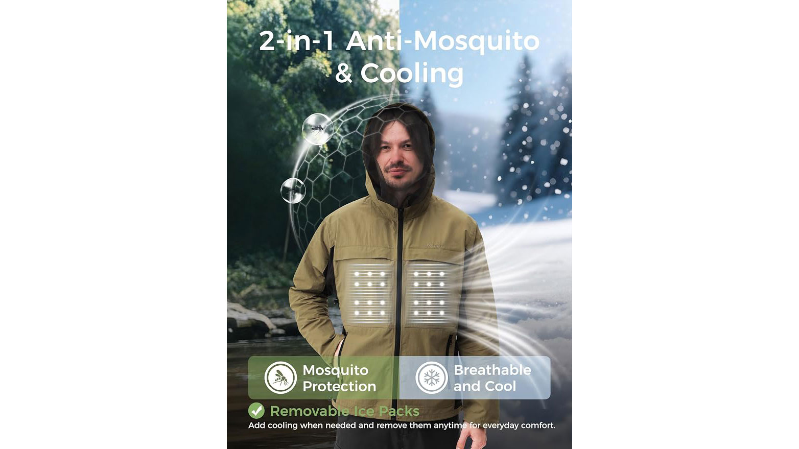 Relexit mosquito jacket with removable cooling ice packs